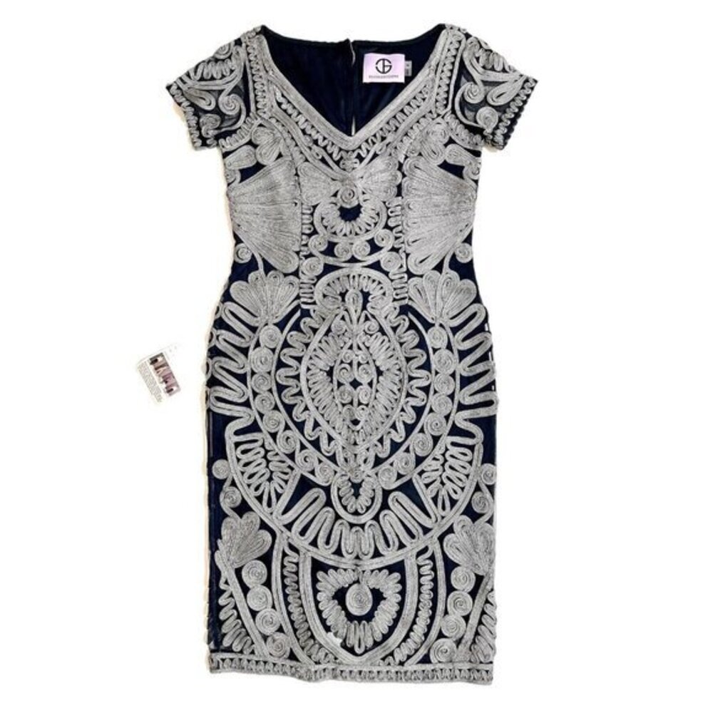 JS Collections Cocktail Dress Soutache & Mesh Cocktail Cloud Navy Mini SZ 6 New